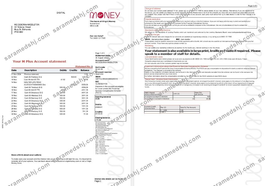 United Kingdom Virgin Money statement, 3 pages